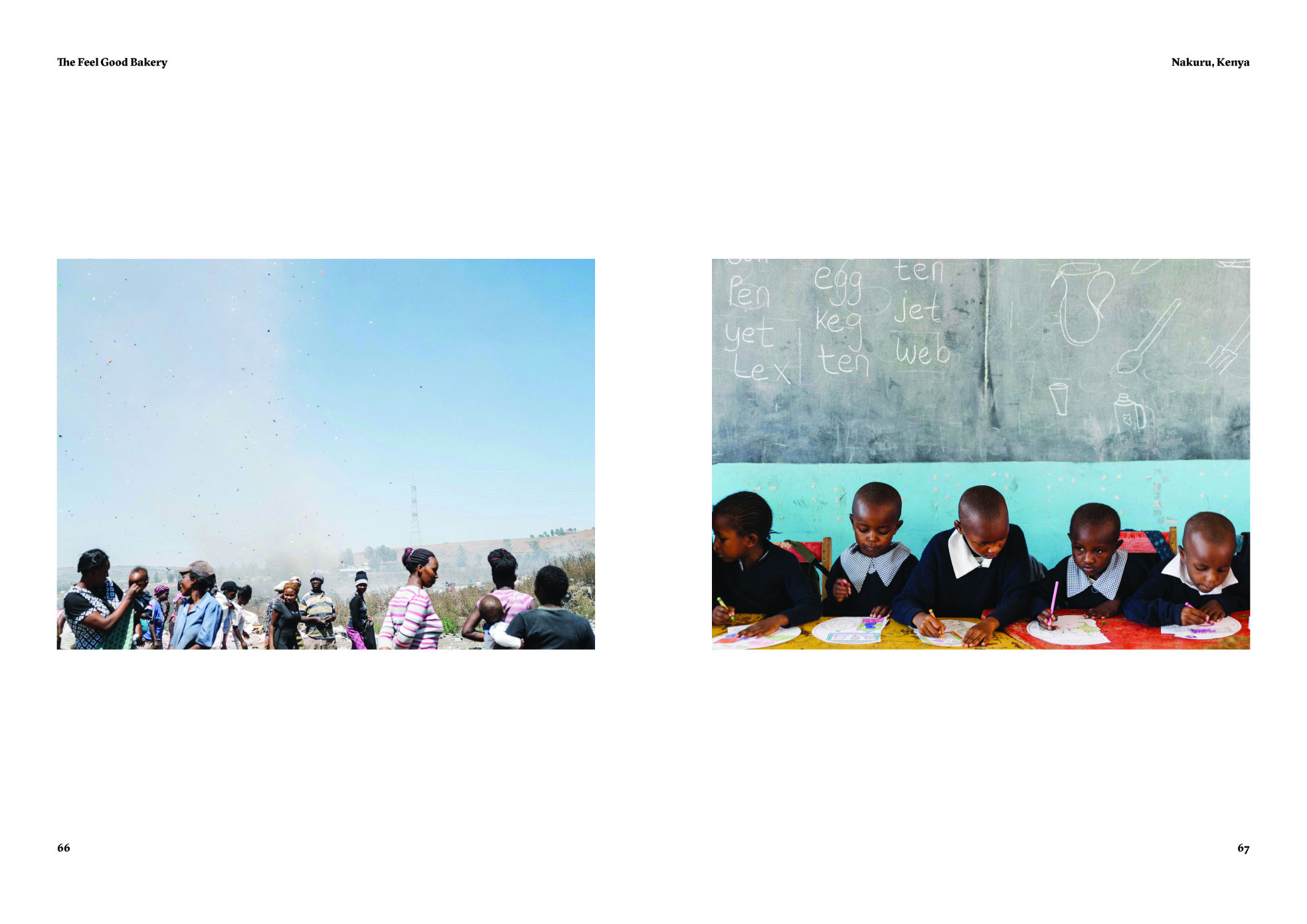 Landfill site on a page with kids in a school on the other page