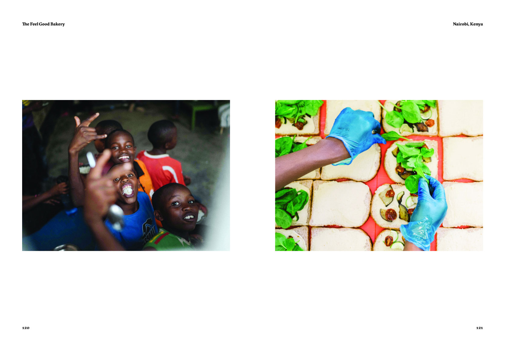 Layout design of two photographs of kids eating a meal and on the other page is Feel Good Bakery prepping a sandwich